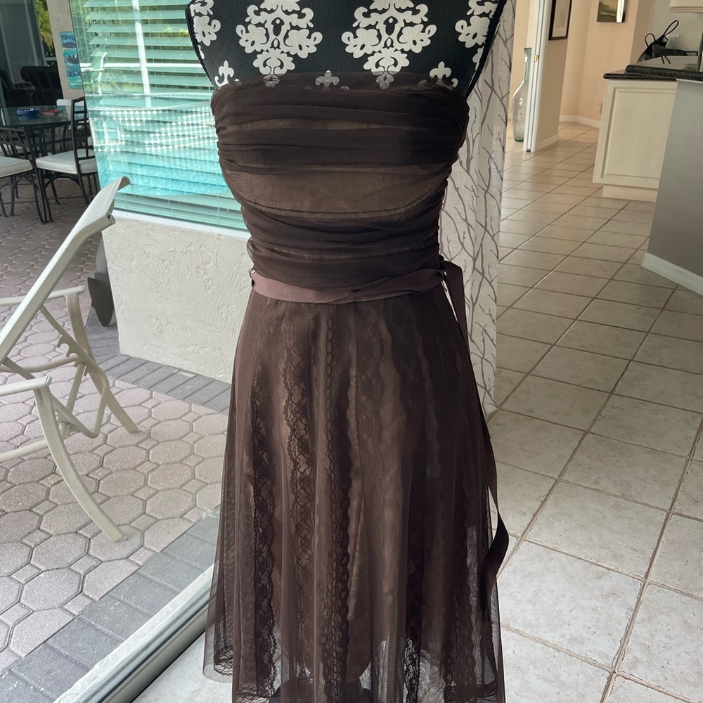 BCBGMAXAZRIA size 8 tulle/lined lace Brown strapless dress/excellent condition